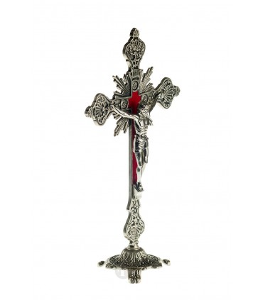 Crucifixo de Metal, Niquelado, com base, 23x13cm