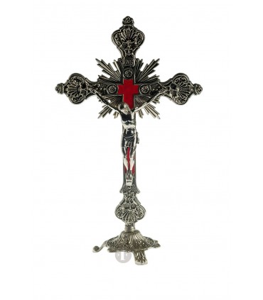 Crucifixo de Metal Niquelado com base 34 x 19 5 cm