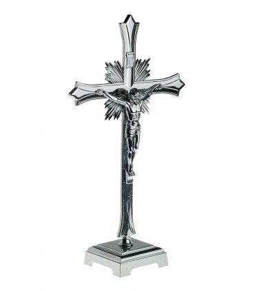 Crucifixo de Metal, Cromado, com base, 30x18cm