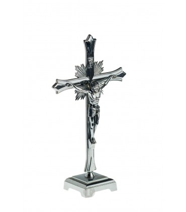 Crucifixo em Metal, Cromado, com base, 20,5x12cm